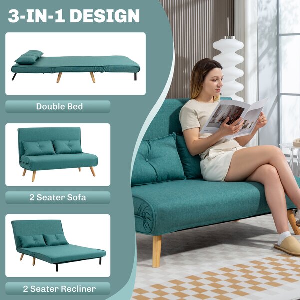 HOMCOM Two-Seater Linen-Look Sofa Bed with Scratch-Resistant Treatment, Green Aosom UK