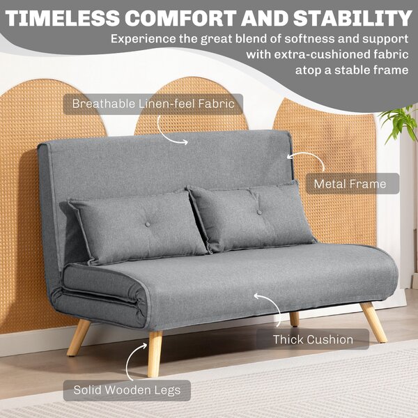 HOMCOM Two-Seater Linen-Look Sofa Bed, Cat Scratch Resistant, Grey Aosom UK
