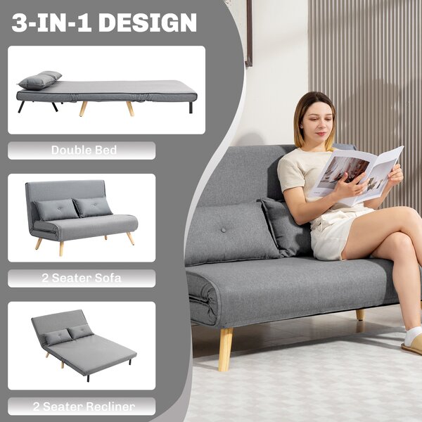 HOMCOM Two-Seater Linen-Look Sofa Bed, Cat Scratch Resistant, Grey Aosom UK