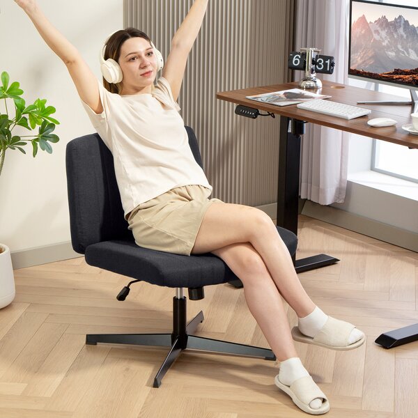 HOMCOM Armless Office Chair, Linen Fabric Criss Cross Legged Desk Chair with Wide Seat, Thick Padding, Tilt Function, Height Adjustable Swivel Computer Seat for Home, Scratch Resistant, Black