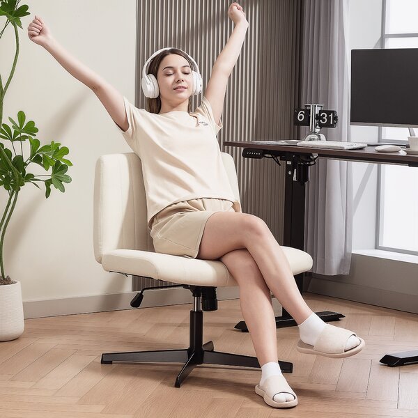 HOMCOM Armless Office Chair, Linen Fabric Criss Cross Legged Desk Chair with Wide Seat, Thick Padding, Tilt Function, Height Adjustable Swivel Computer Seat for Home, Scratch Resistant, Cream
