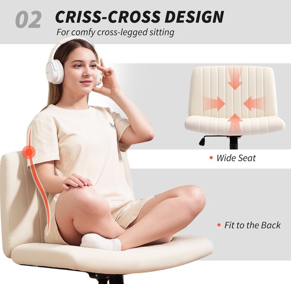 HOMCOM Armless Office Chair, Linen Fabric Criss Cross Legged Desk Chair with Wide Seat, Thick Padding, Tilt Function, Height Adjustable Swivel Computer Seat for Home, Scratch Resistant, Cream