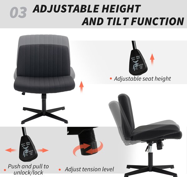 HOMCOM Armless Office Chair, Linen Fabric Criss Cross Legged Desk Chair with Wide Seat, Thick Padding, Tilt Function, Height Adjustable Swivel Computer Seat for Home, Scratch Resistant, Black