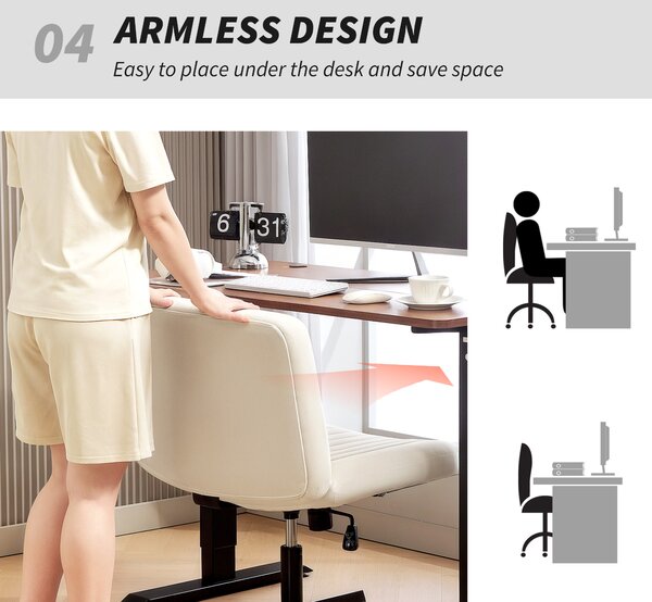 HOMCOM Armless Office Chair, Linen Fabric Criss Cross Legged Desk Chair with Wide Seat, Thick Padding, Tilt Function, Height Adjustable Swivel Computer Seat for Home, Scratch Resistant, Cream