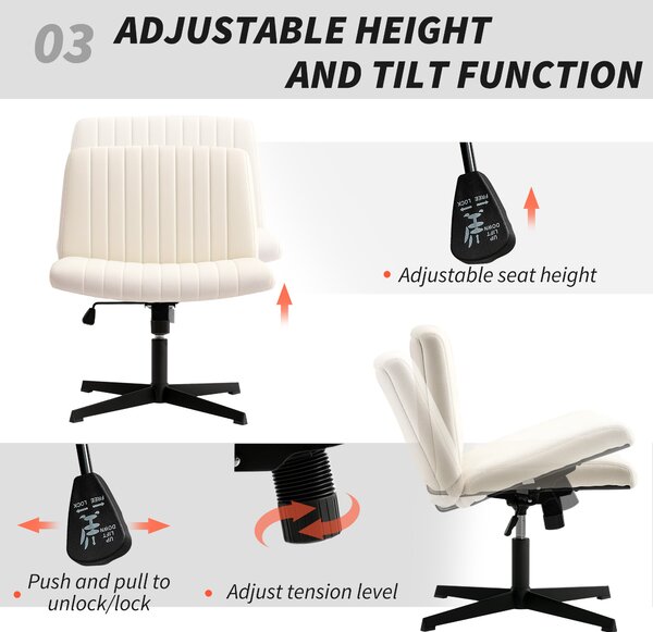 HOMCOM Armless Office Chair, Linen Fabric Criss Cross Legged Desk Chair with Wide Seat, Thick Padding, Tilt Function, Height Adjustable Swivel Computer Seat for Home, Scratch Resistant, Cream