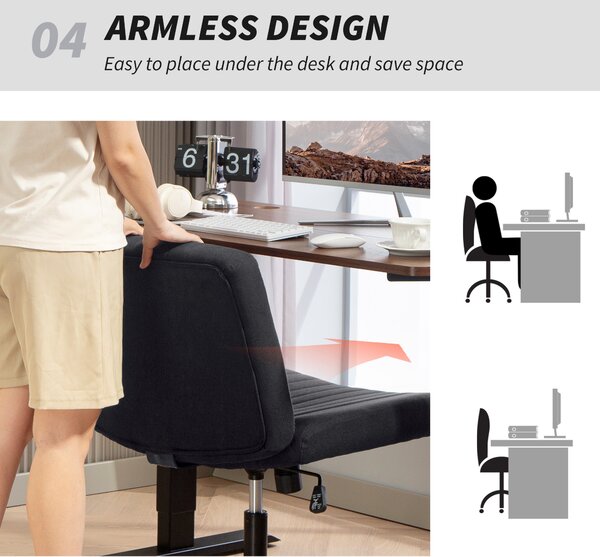 HOMCOM Armless Office Chair, Linen Fabric Criss Cross Legged Desk Chair with Wide Seat, Thick Padding, Tilt Function, Height Adjustable Swivel Computer Seat for Home, Scratch Resistant, Black