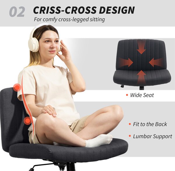 HOMCOM Armless Office Chair, Linen Fabric Criss Cross Legged Desk Chair with Wide Seat, Thick Padding, Tilt Function, Height Adjustable Swivel Computer Seat for Home, Scratch Resistant, Black