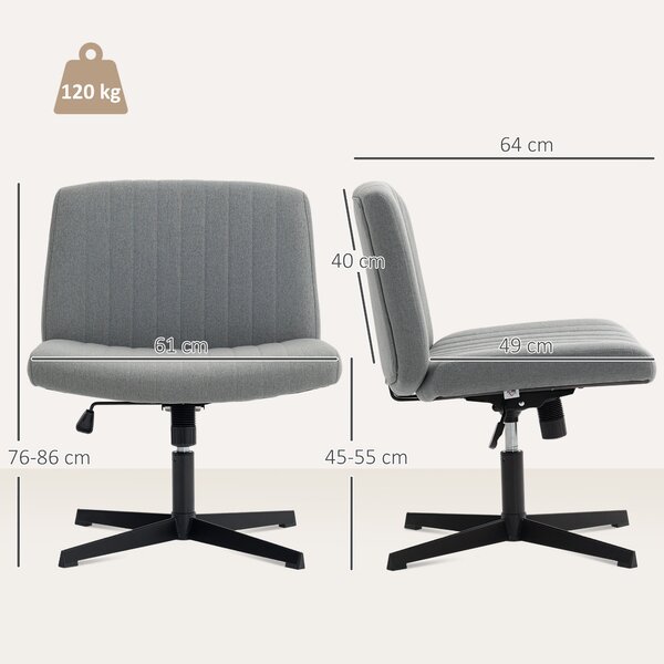 HOMCOM Armless Office Chair, Linen Fabric Criss Cross Legged Desk Chair with Wide Seat, Thick Padding, Tilt Function, Height Adjustable Swivel Computer Seat for Home, Scratch Anti, Grey
