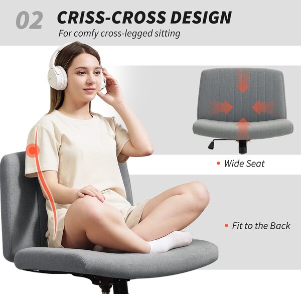 HOMCOM Armless Office Chair, Linen Fabric Criss Cross Legged Desk Chair with Wide Seat, Thick Padding, Tilt Function, Height Adjustable Swivel Computer Seat for Home, Scratch Anti, Grey