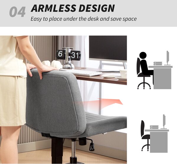 HOMCOM Armless Office Chair, Linen Fabric Criss Cross Legged Desk Chair with Wide Seat, Thick Padding, Tilt Function, Height Adjustable Swivel Computer Seat for Home, Scratch Anti, Grey