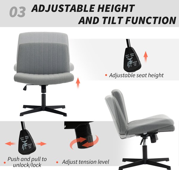 HOMCOM Armless Office Chair, Linen Fabric Criss Cross Legged Desk Chair with Wide Seat, Thick Padding, Tilt Function, Height Adjustable Swivel Computer Seat for Home, Scratch Anti, Grey