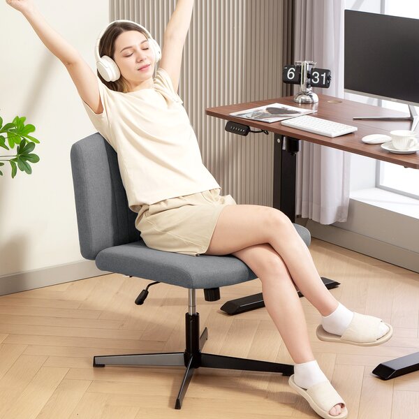 HOMCOM Armless Office Chair, Linen Fabric Criss Cross Legged Desk Chair with Wide Seat, Thick Padding, Tilt Function, Height Adjustable Swivel Computer Seat for Home, Scratch Anti, Grey