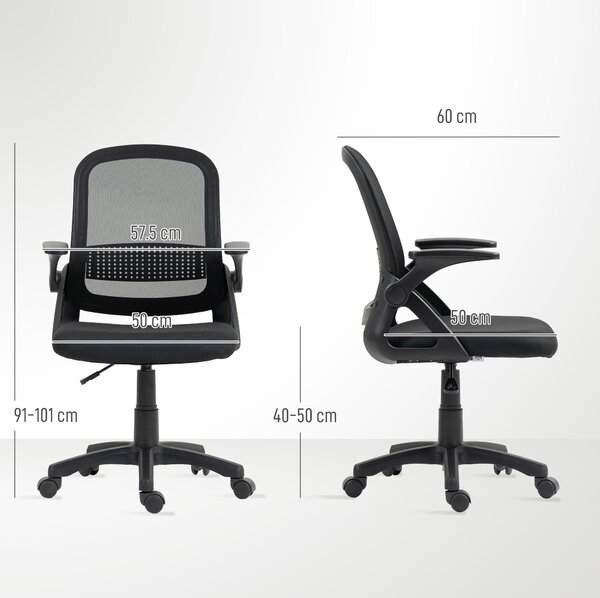 HOMCOM Breathable Mesh Office Chair, Ergonomic Swivel Computer Chair with Flip-up Armrests, Lumbar Back Support for Home/Office, Black