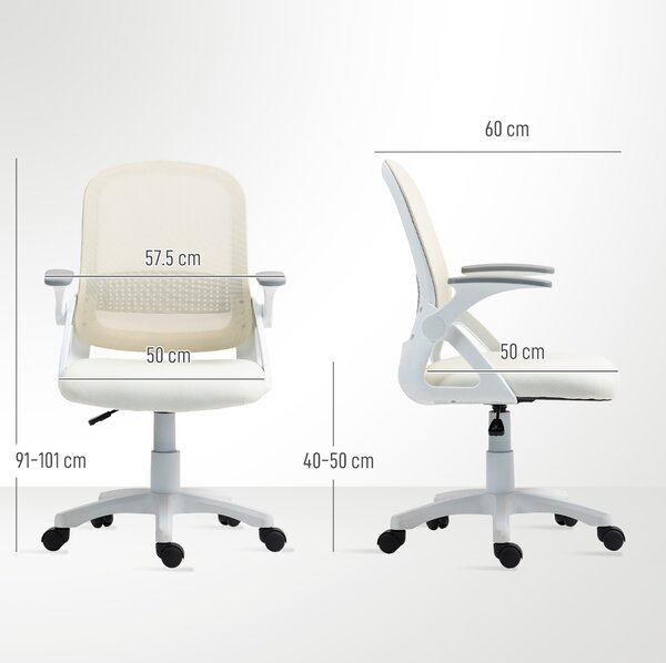 HOMCOM Breathable Mesh Office Chair, Ergonomic Swivel Computer Chair with Flip-up Armrests, Lumbar Back Support for Home/Office, White