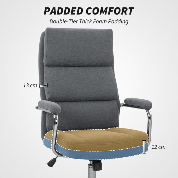 HOMCOM Executive Office Chair, Linen Fabric Computer Desk Chair with Double-Layer Back Cushion, Tilt Function, Height Adjustable for Home, Charcoal Grey