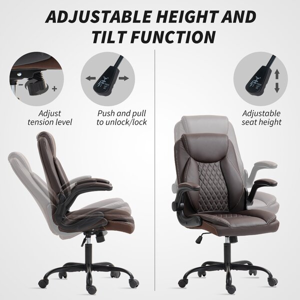 HOMCOM Faux Leather Office Chair. with Flip-Up Armrests - Brown