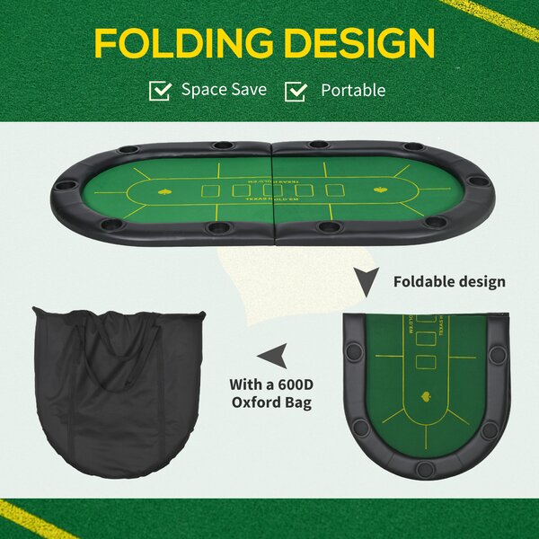 SPORTNOW Foldable Poker Mat for 10 Players, Oval Poker Table Top with Cup Holders, Poker Table Cloth with Carrying Bag, 180x90 cm, Green Aosom UK