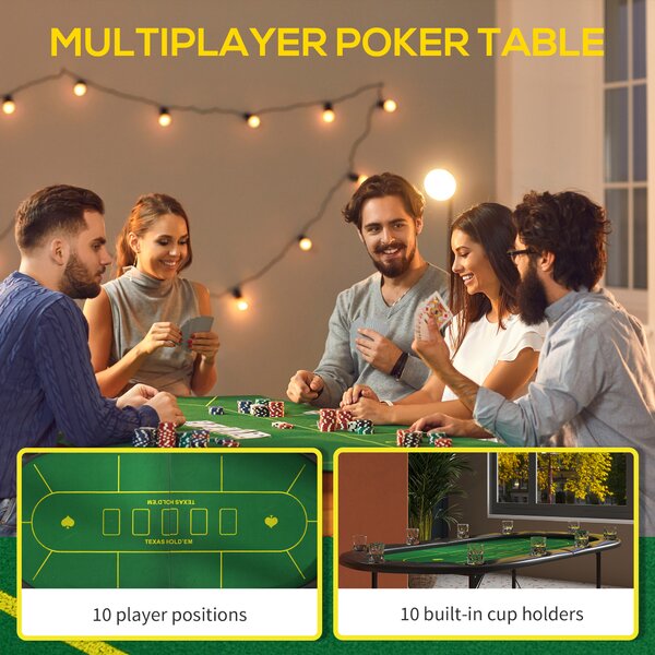 SPORTNOW Foldable Poker Mat for 10 Players, Oval Poker Table Top with Cup Holders, Poker Table Cloth with Carrying Bag, 180x90 cm, Green Aosom UK