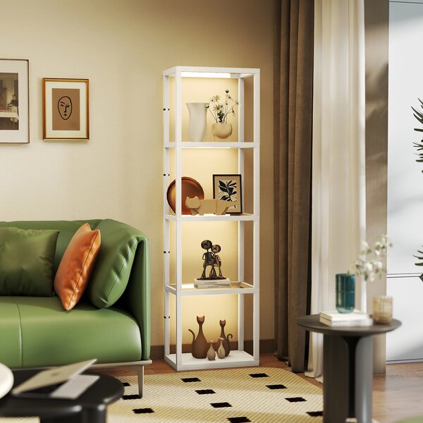 HOMCOM LED Floor Lamp with Glass Shelves, 4 Layers Dimmable Tall Standing Lamp, Modern Column Shelf Floor Light for Living Room, Bedroom, Office, Oak