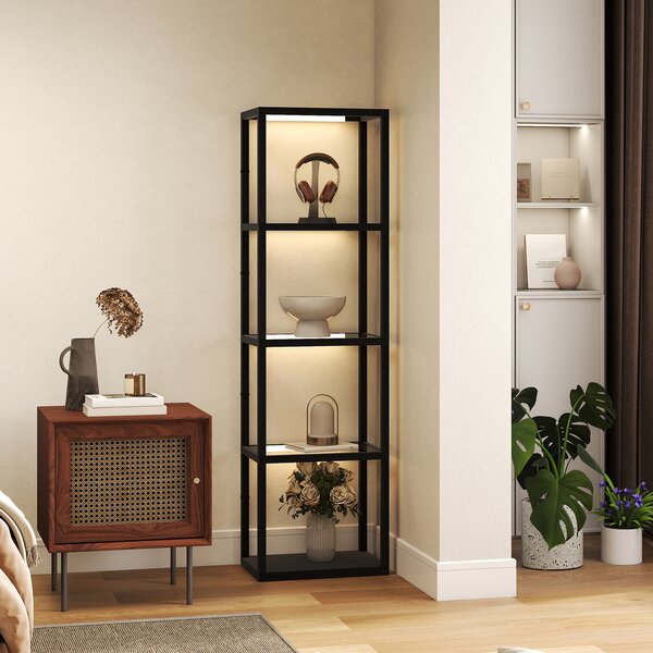 HOMCOM LED Floor Lamp with Glass Shelves, 4 Layers Dimmable Tall Standing Lamp, Modern Column Shelf Floor Light for Living Room, Bedroom, Office, Black