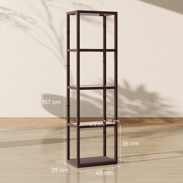 HOMCOM LED Floor Lamp with Glass Shelves, 4 Layers Dimmable Tall Standing Lamp, Modern Column Shelf Floor Light for Living Room, Bedroom, Office, Dark Brown