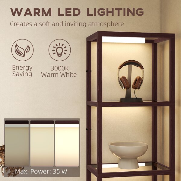 HOMCOM LED Floor Lamp with Glass Shelves, 4 Layers Dimmable Tall Standing Lamp, Modern Column Shelf Floor Light for Living Room, Bedroom, Office, Dark Brown