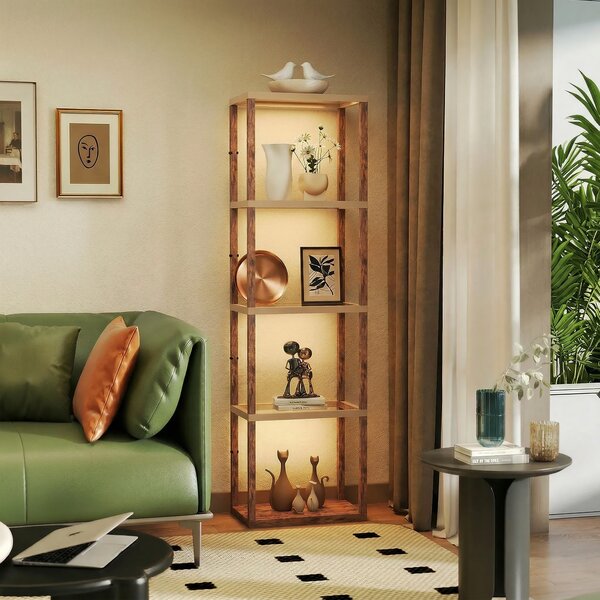 HOMCOM LED Floor Lamp with Glass Shelves, 4 Layers Dimmable Tall Standing Lamp, Modern Column Shelf Floor Light for Living Room, Bedroom, Office, Rustic Brown