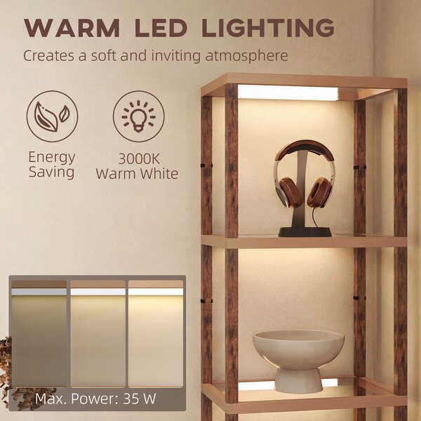 HOMCOM LED Floor Lamp with Glass Shelves, 4 Layers Dimmable Tall Standing Lamp, Modern Column Shelf Floor Light for Living Room, Bedroom, Office, Rustic Brown
