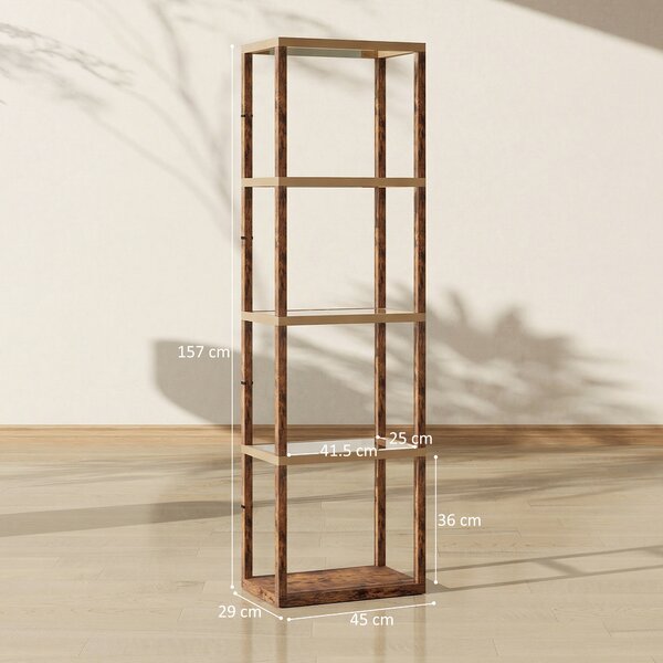 HOMCOM LED Floor Lamp with Glass Shelves, 4 Layers Dimmable Tall Standing Lamp, Modern Column Shelf Floor Light for Living Room, Bedroom, Office, Rustic Brown