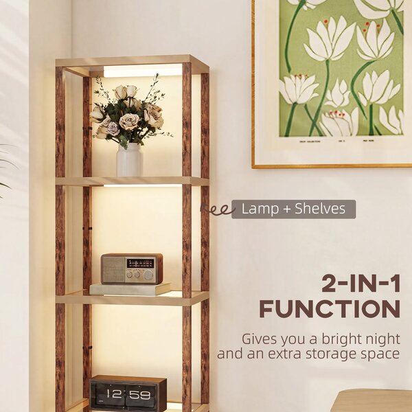 HOMCOM LED Floor Lamp with Glass Shelves, 4 Layers Dimmable Tall Standing Lamp, Modern Column Shelf Floor Light for Living Room, Bedroom, Office, Rustic Brown