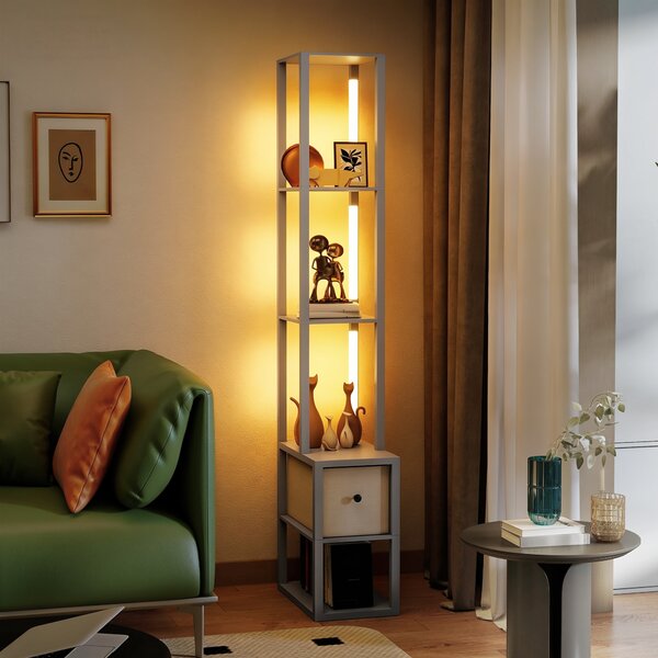 HOMCOM Floor Lamp with Shelves, LED Column Modern Standing Lamp with Fabric Drawer, Adjustable Brightness, Foot Switch for Living Room, Bedroom, Office, Grey