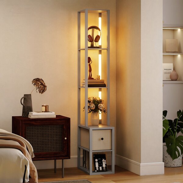 HOMCOM Floor Lamp with Shelves, LED Column Modern Standing Lamp with Fabric Drawer, Adjustable Brightness, Foot Switch for Living Room, Bedroom, Office, Grey