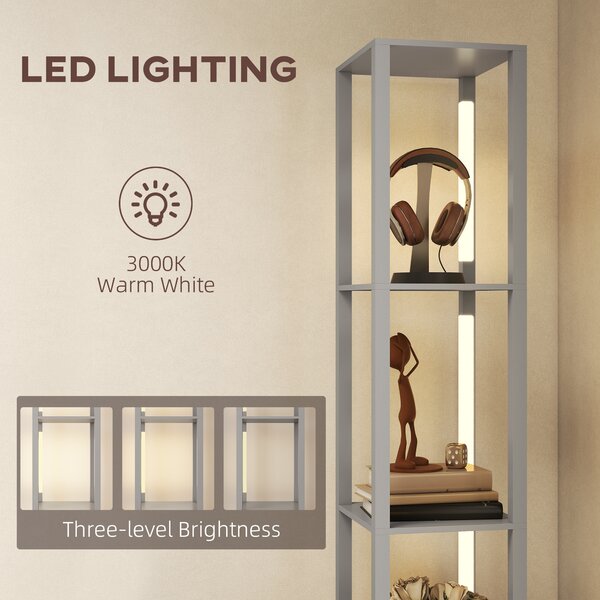 HOMCOM Floor Lamp with Shelves, LED Column Modern Standing Lamp with Fabric Drawer, Adjustable Brightness, Foot Switch for Living Room, Bedroom, Office, Grey