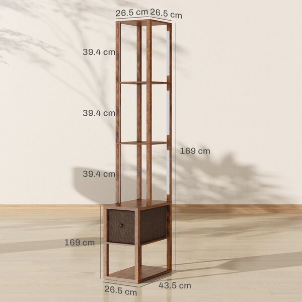 HOMCOM Floor Lamp with Shelves, LED Column Modern Standing Lamp with Fabric Drawer, Adjustable Brightness, Foot Switch for Living Room, Bedroom, Office, Rustic Brown