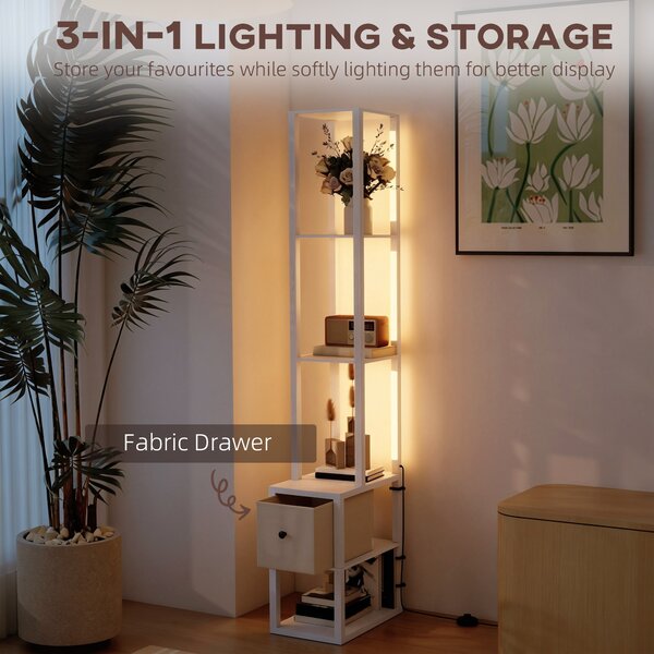 HOMCOM Floor Lamp with Shelves, LED Column Modern Standing Lamp with Fabric Drawer, Adjustable Brightness, Foot Switch for Living Room, Bedroom, Office, White