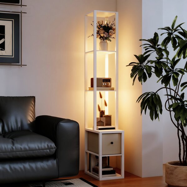 HOMCOM Floor Lamp with Shelves, LED Column Modern Standing Lamp with Fabric Drawer, Adjustable Brightness, Foot Switch for Living Room, Bedroom, Office, White