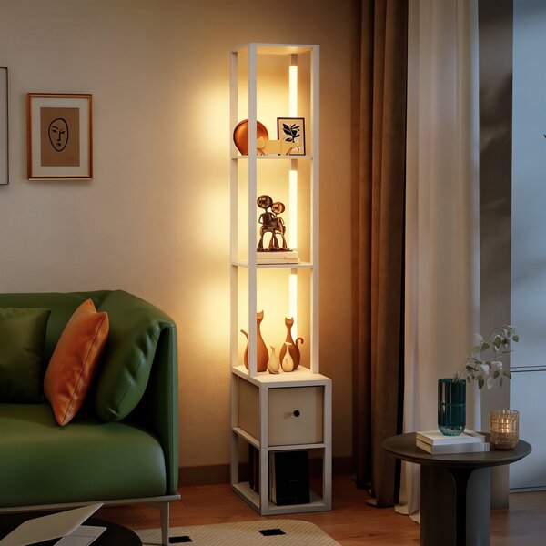HOMCOM Floor Lamp with Shelves, LED Column Modern Standing Lamp with Fabric Drawer, Adjustable Brightness, Foot Switch for Living Room, Bedroom, Office, White