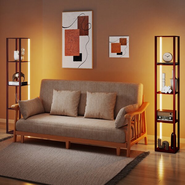 HOMCOM RGB LED Floor Lamp with Shelves, Modern Dimmable Standing Lamp with Remote Control, Adjustable Brightness & Speed for Living Room, Bedroom, Office, Brown