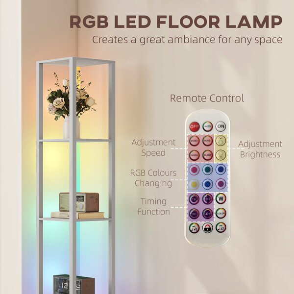 HOMCOM RGB LED Floor Lamp with Shelves, Modern Dimmable Standing Lamp with Remote Control, Adjustable Brightness & Speed for Living Room, Bedroom, Office, Grey