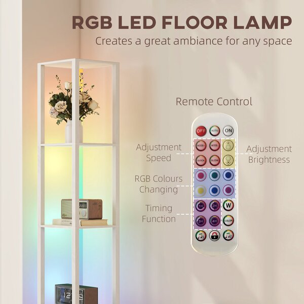 HOMCOM RGB LED Floor Lamp with Shelves, Modern Dimmable Standing Lamp with Remote Control, Adjustable Brightness & Speed for Living Room, Bedroom, Office, White
