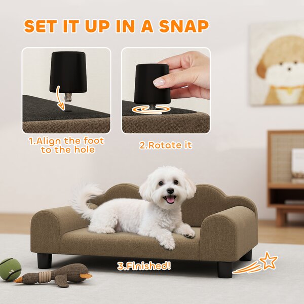 PawHut Elevated Dog Sofa Bed, Breathable Pet Sofa with Backrest and Armrest for Small Dogs, Brown