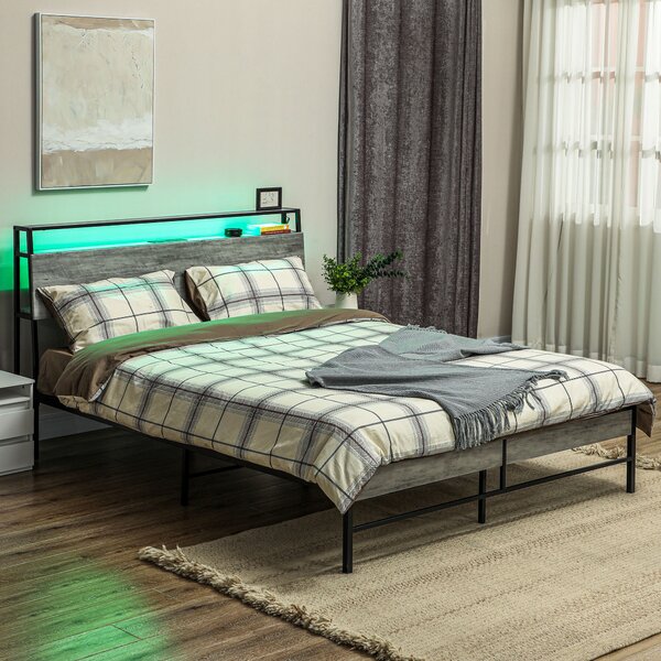HOMCOM Double Steel Bed Frame, with LED Lights and Headboard Shelf - Grey Aosom UK
