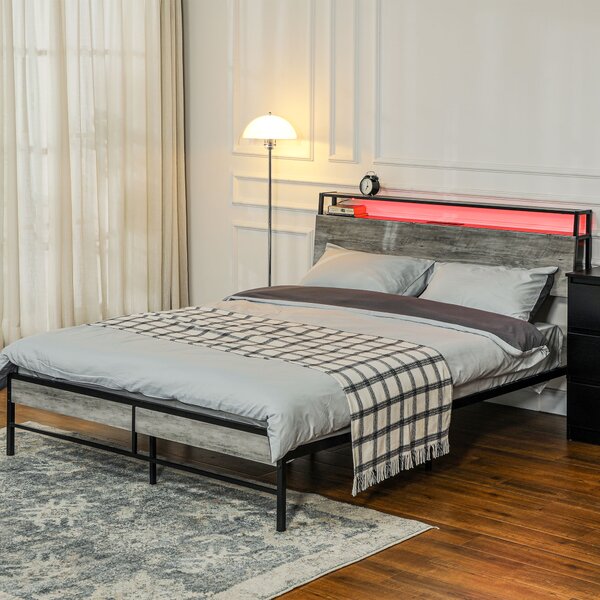 HOMCOM Double Steel Bed Frame, with LED Lights and Headboard Shelf - Grey Aosom UK
