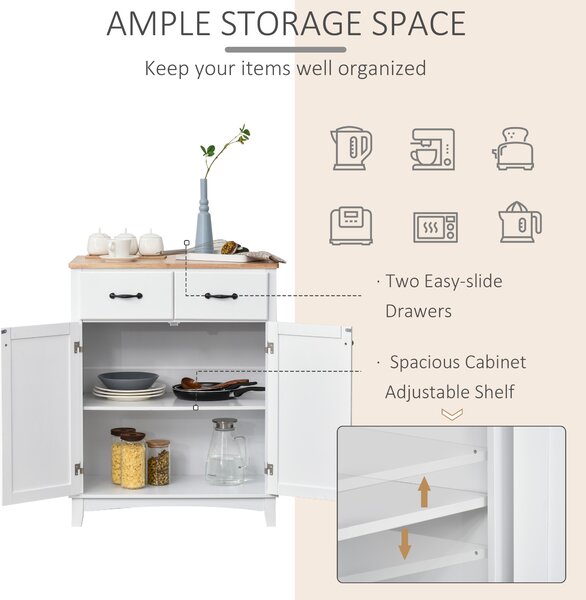 HOMCOM Modern Organising Kitchen Cupboard, Wooden Storage Cabinet w/ 2 Drawers for Living & Dining Room, White Aosom UK