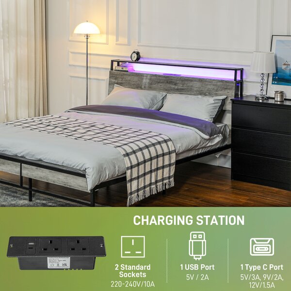 HOMCOM Double Steel Bed Frame, with LED Lights and Headboard Shelf - Grey Aosom UK