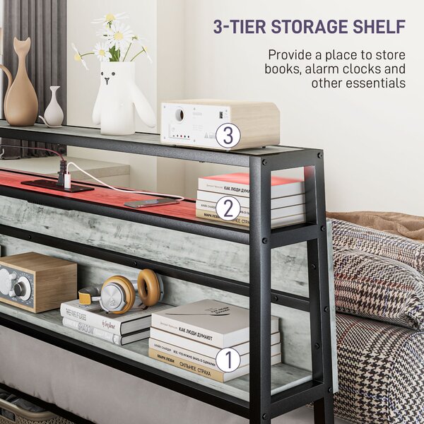 HOMCOM Double Steel Bed Frame, with LED Lights and Headboard Shelf - Grey Aosom UK