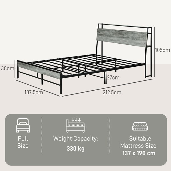 HOMCOM Double Steel Bed Frame, with LED Lights and Headboard Shelf - Grey Aosom UK