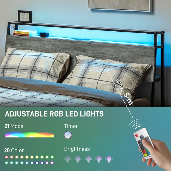 HOMCOM Double Steel Bed Frame, with LED Lights and Headboard Shelf - Grey Aosom UK