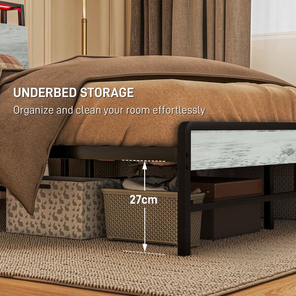 HOMCOM Double Steel Bed Frame, with LED Lights and Headboard Shelf - Grey Aosom UK