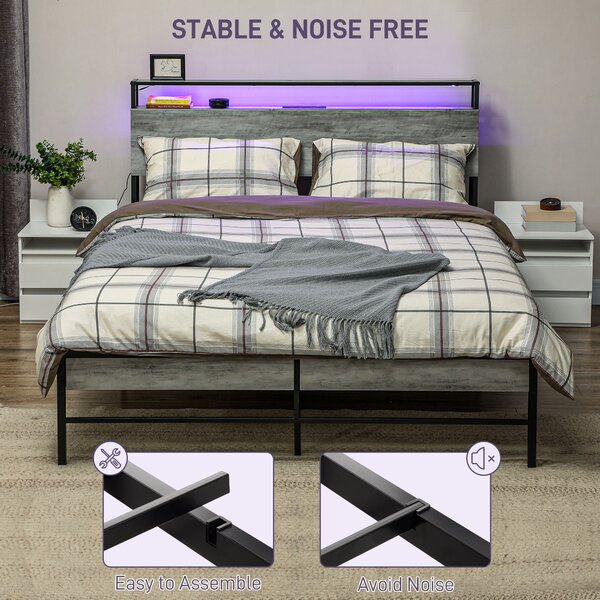 HOMCOM Double Steel Bed Frame, with LED Lights and Headboard Shelf - Grey Aosom UK
